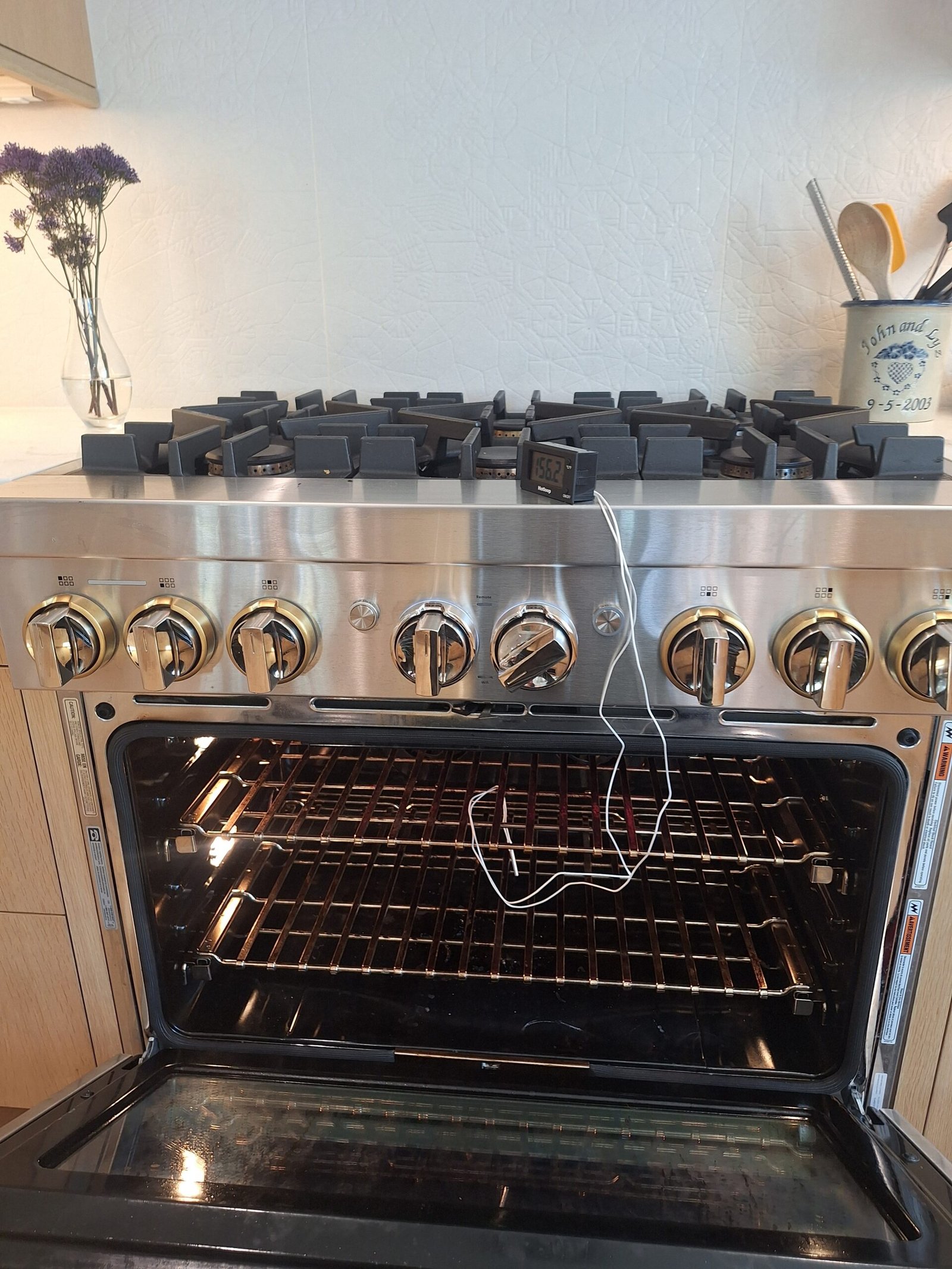 Professional range with an external temperature probe positioned inside the oven